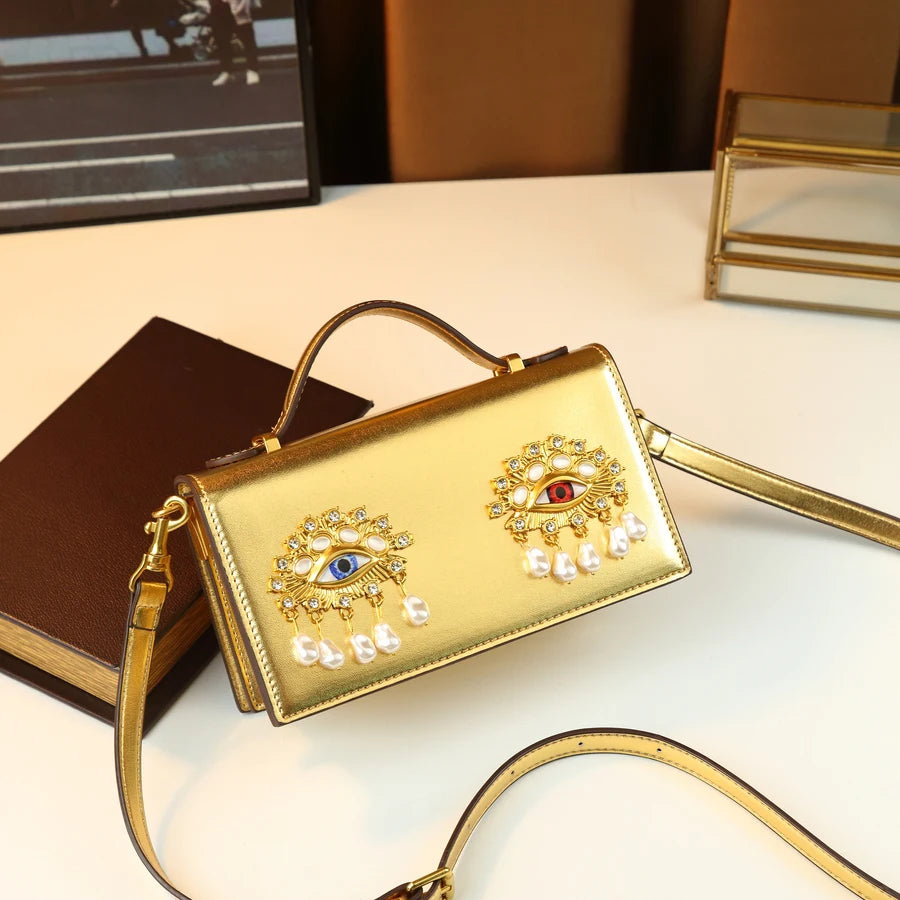 New retro pearl diamond eye creative design shoulder messenger bag fashion women's light luxury Boston bag