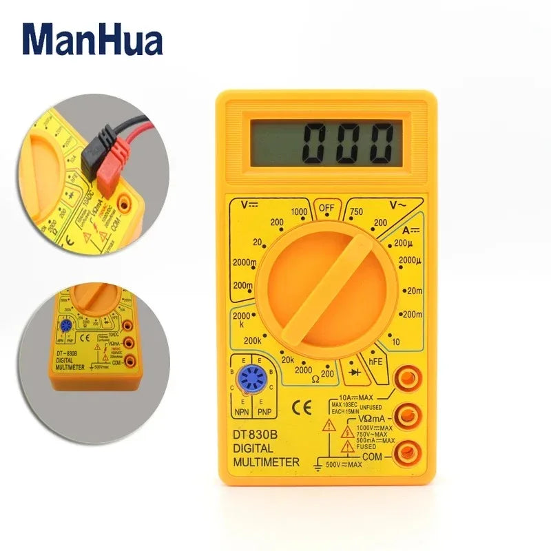 ManHua DT830B Mini Digital Multimeter with LCD Overload Protection Voltage Amperage Test Probe DC AC Yellow
