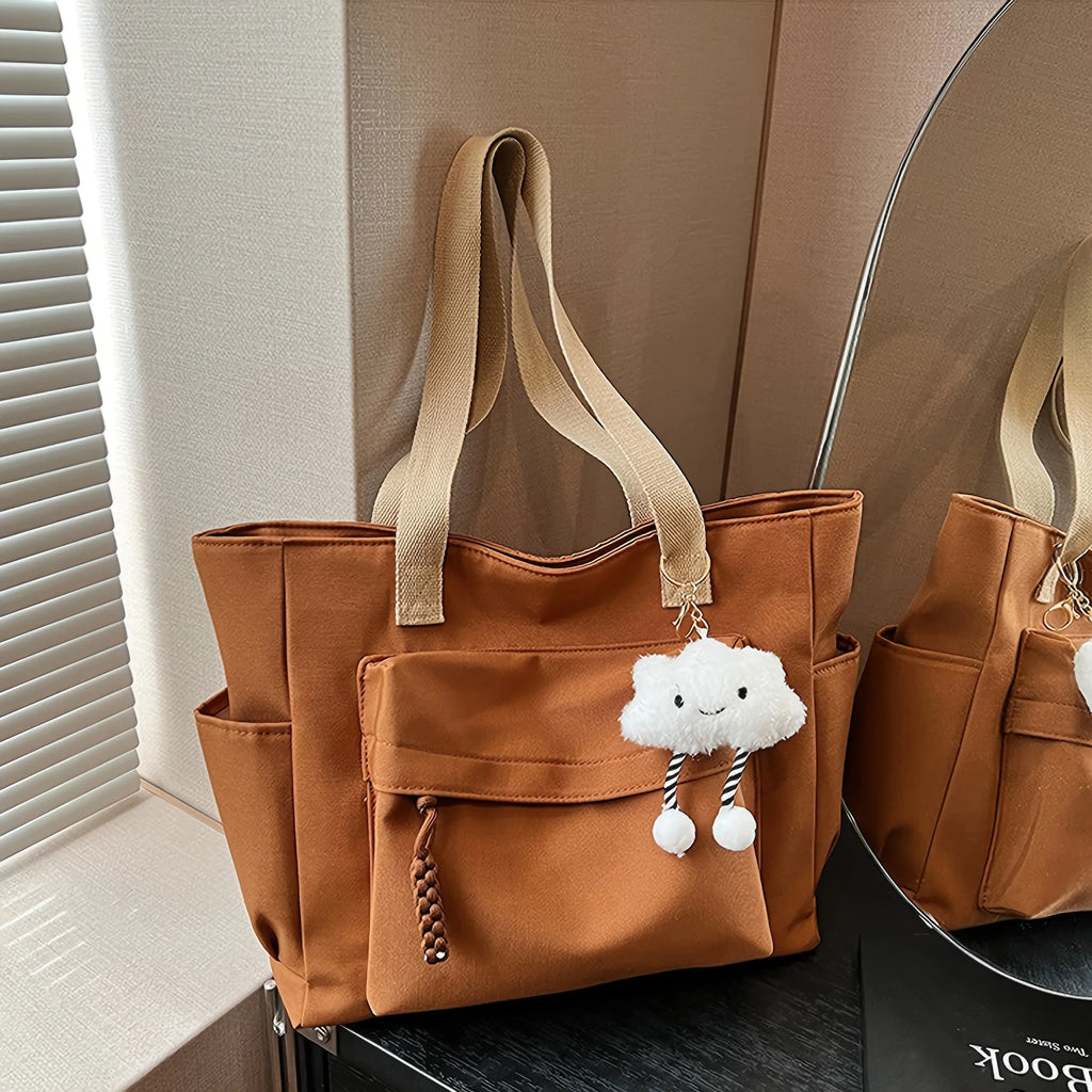 Multi Compartment, Zipper Closure, Women's Bags Large Capacity Japanese Style Tote Bag, Cute Plush Fixed Strap, Casual Elegance