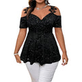 Plus Size Glitter Peplum Top Cold-Shoulder Stretchy Party Blouse Glam Evening Top