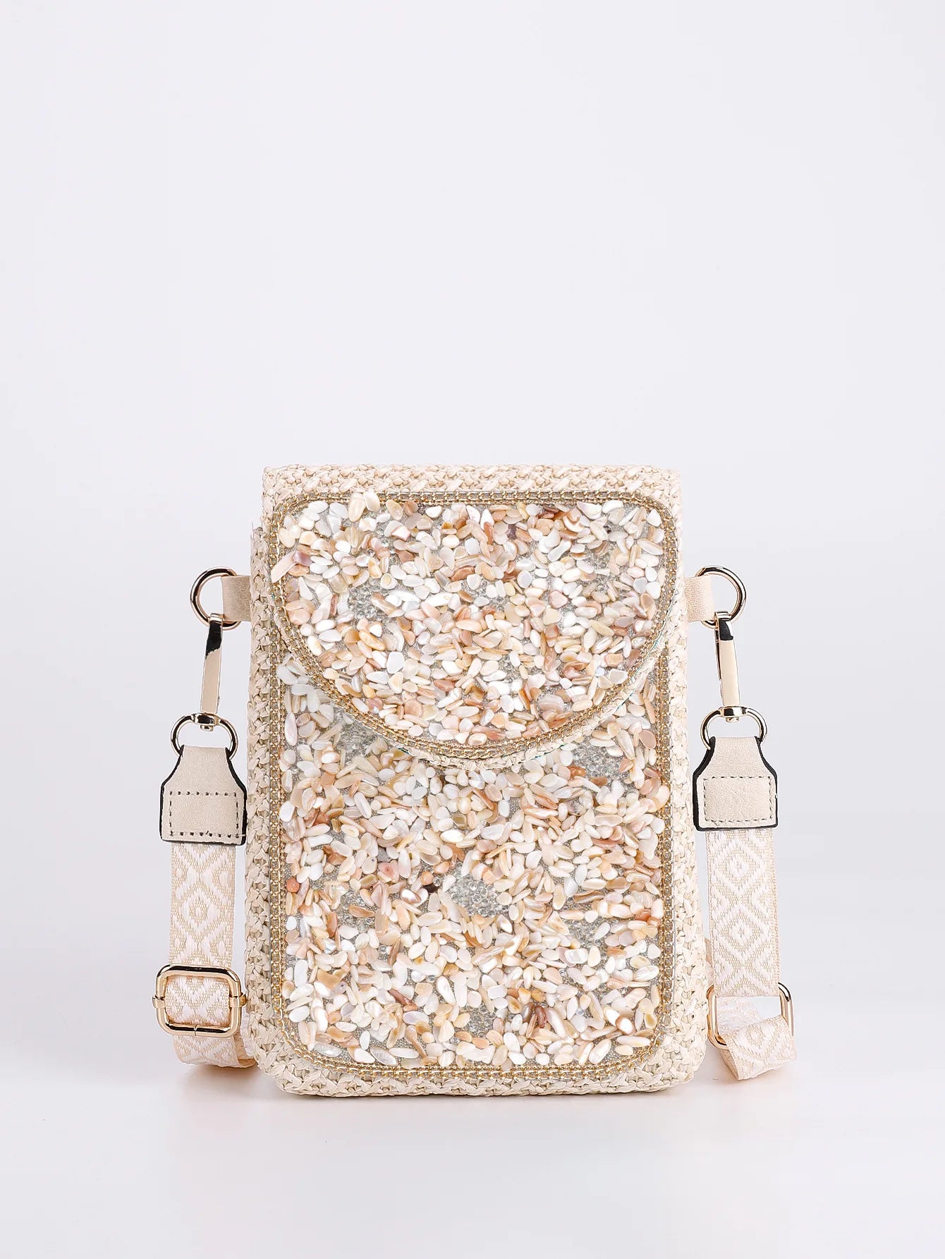 Advanced straw woven crossbody bag, new fashionable rice bead bag, European and American woven women's shoulder phone bag