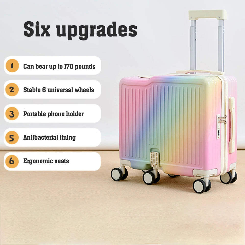 18"Hand Carry Luggage Portable Boarding Bagage 6 Wheels ZIPPER lock luggage Can Sit Down Kids Luggage
