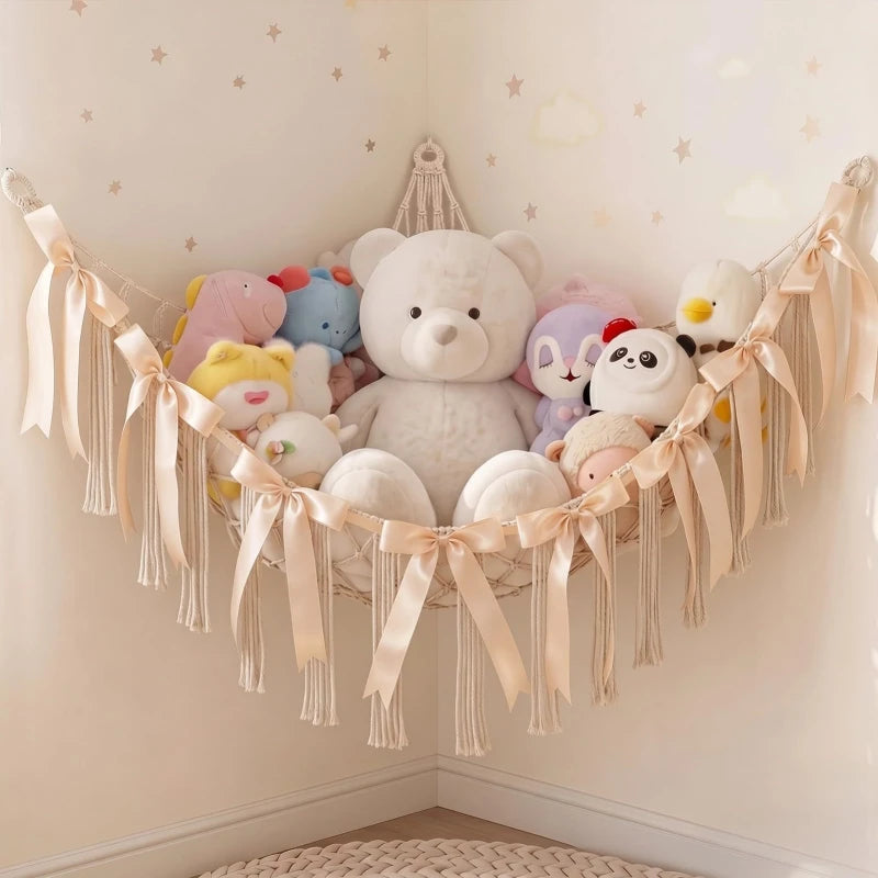 Large Toy Hammock Net Organizer Bohemian Tassel Bow Stuffed Animal Hammocks Wall Corner Hanging Storage Mesh Home Decoration