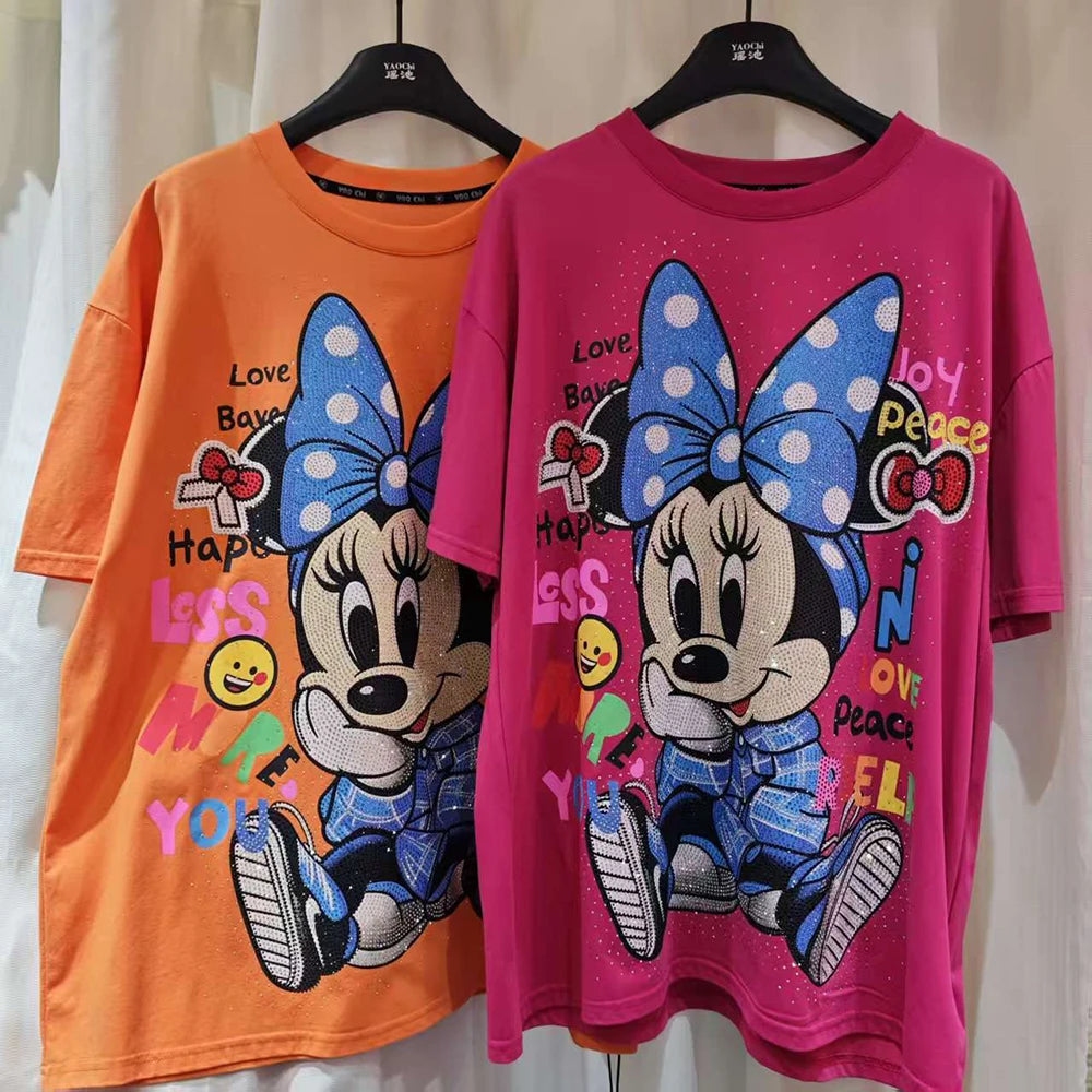 Plus Size Tee Summer Spring New Fashion Design Women Beading Luxury Cartoon Animal Print  Loose Top T-Shirt