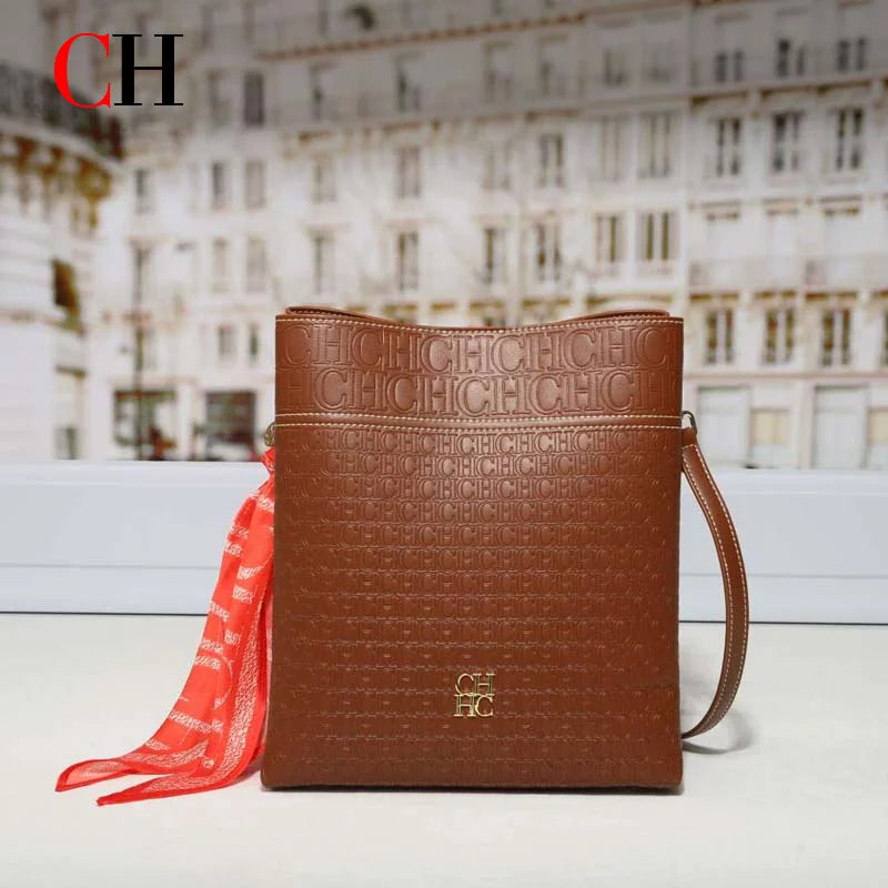 CH Bucket Bag Women Luxury Crossbody Bag Large Capacity Leather Shoulder Handbag With Silk Scarf Vintage Daily Commute Handbags