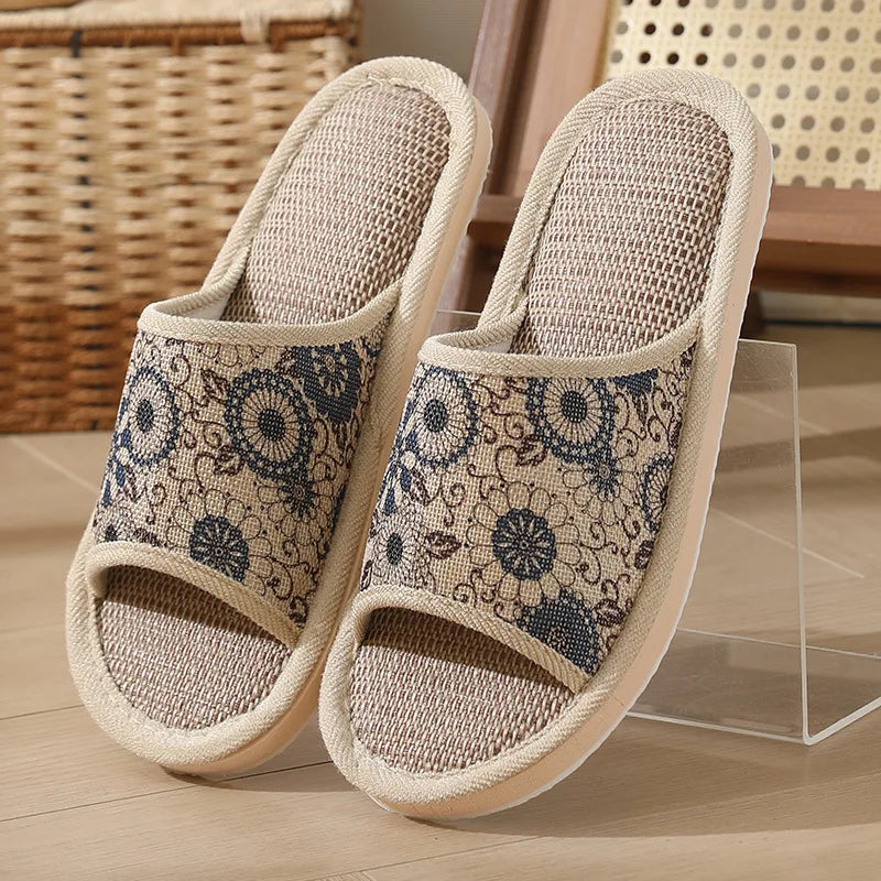 Autumn Winter Women Floor Slippers Retro Linen Open-toe EVA Thick Bottom Casual Sandals Indoor Home Couples Slippers Shoes