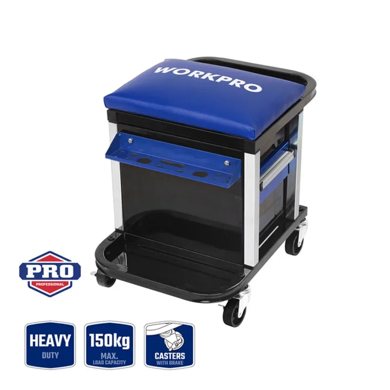 WORKPRO 2-Drawer Rolling Mechanic Seat, Garage Creeper Seat with Tool Storage, Shop Stool with Wheels, WP319004