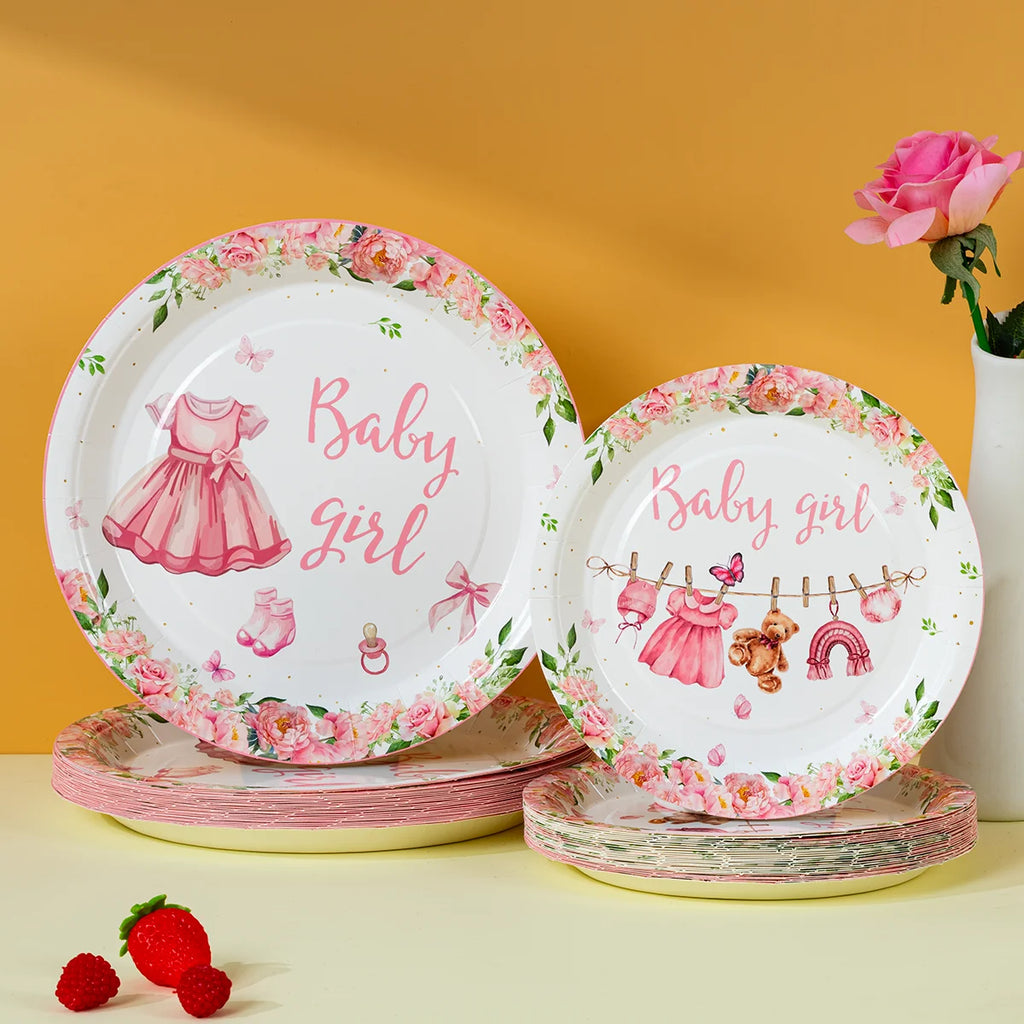 10/25/50pcs Pink Floral Baby Girl Disposable Paper Plates, Cute Themed Tableware for Baby Shower Decor