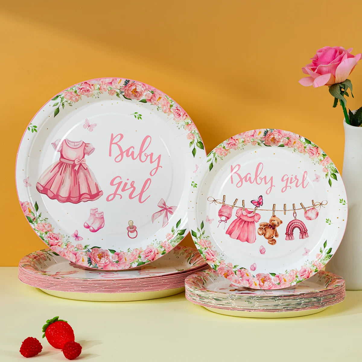 10/25/50pcs Pink Floral Baby Girl Disposable Paper Plates, Cute Themed Tableware for Baby Shower Decor