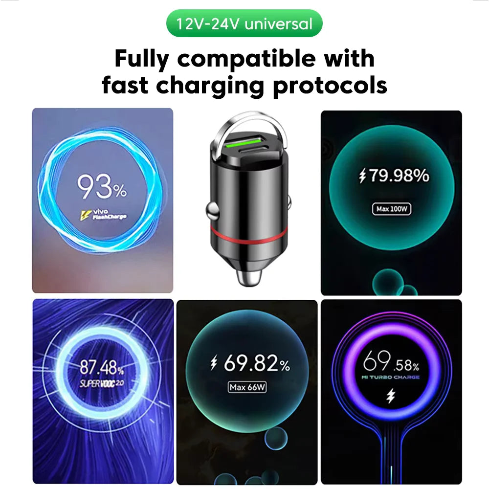 Mini car charger fast charging for iPhone QC3.0 mini PD USB Type C car mobile phone charger for Xiaomi Samsung Huawei