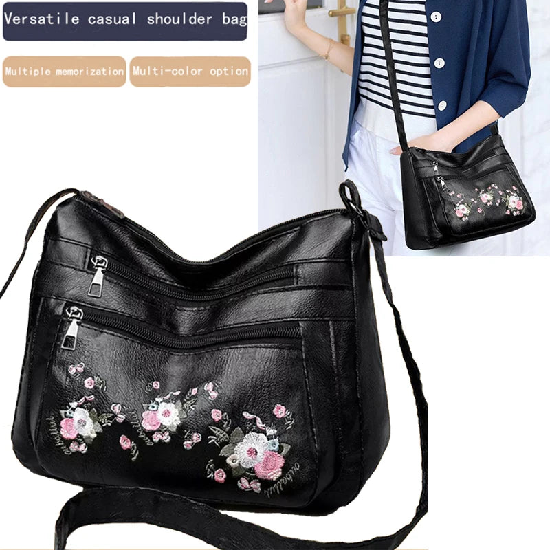 Graceful Floral-Embroidered Faux Leather Shoulder Bag Adjustable-strap Lightweight for Daily Commute Casual Bag