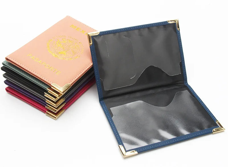 Mexican Passport Holder Golden Metal Copper Corners Passport Organizer Leather Slim Passport Case Plane Ticket Holder ID Holder