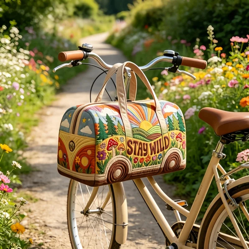 1pc Hippie Boho Quilted Duffle Bag, Vintage "STAY WILD" Van Travel Bag, Large Capacity Weekender Bag for Women Travel Gym