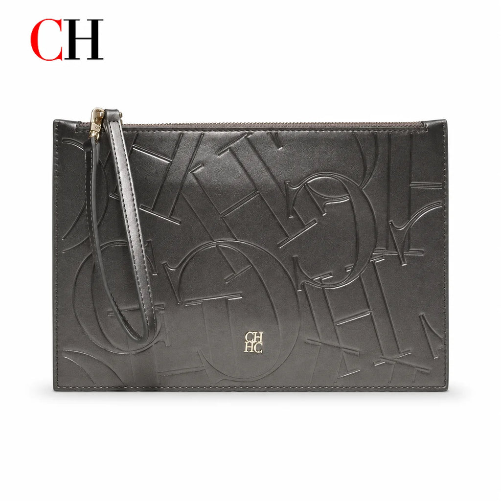 CH Women Embossed Letter Wristlet Clutch Bag Zipper Handbag Elegant Evening Pouch for Party Travel and Daily Use