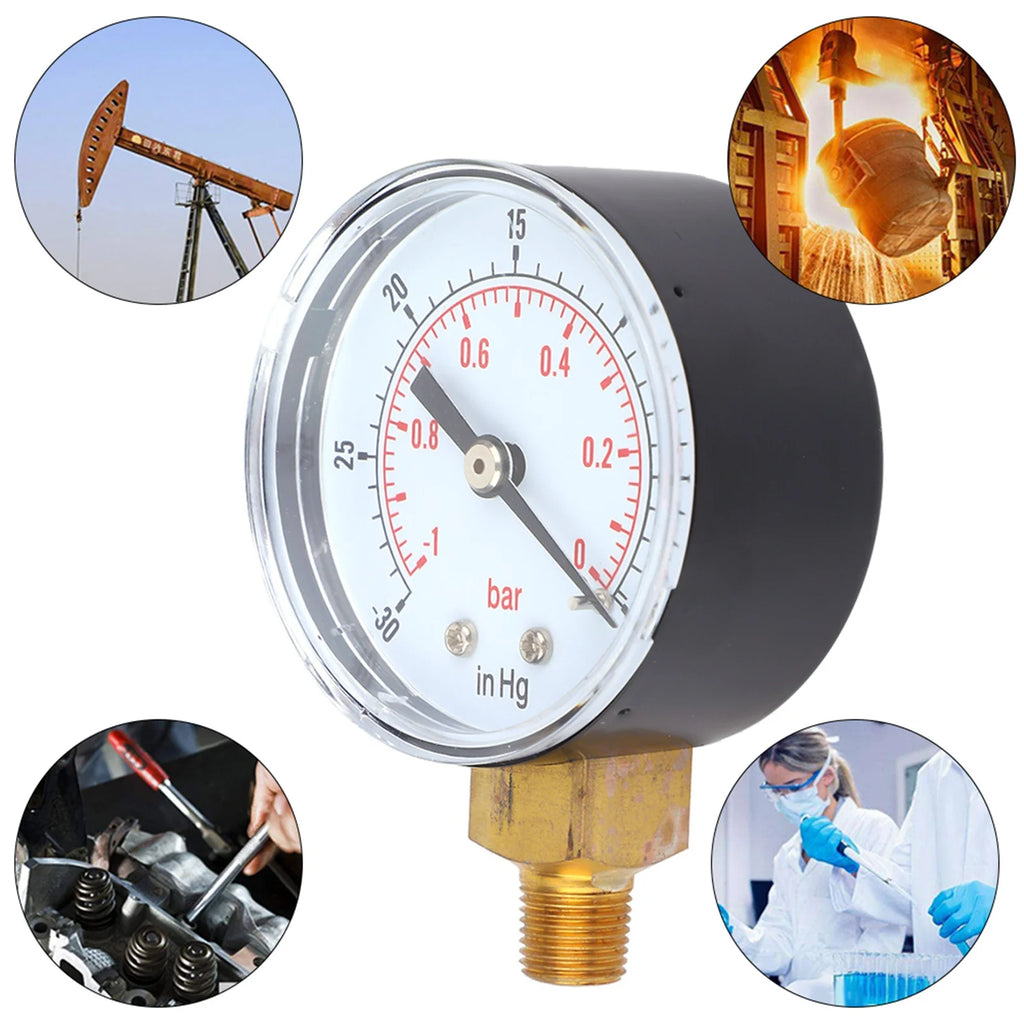 Vacuum Gauge -1-0Bar -30-0inHg 50mm 1/8 BSPT Bottom Connection for Air Water Oil Oil Vacuum Gauge Vacuum Gauge Bottom Connect