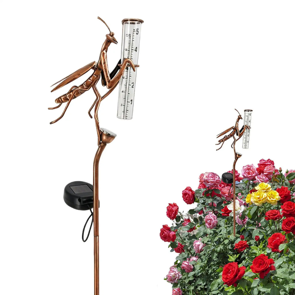 Iron Water Rain Gauge Mantis Solar Lights Rain Gauge Outdoor Decorative Handicraft For Precipitation Weather Forecast Garden