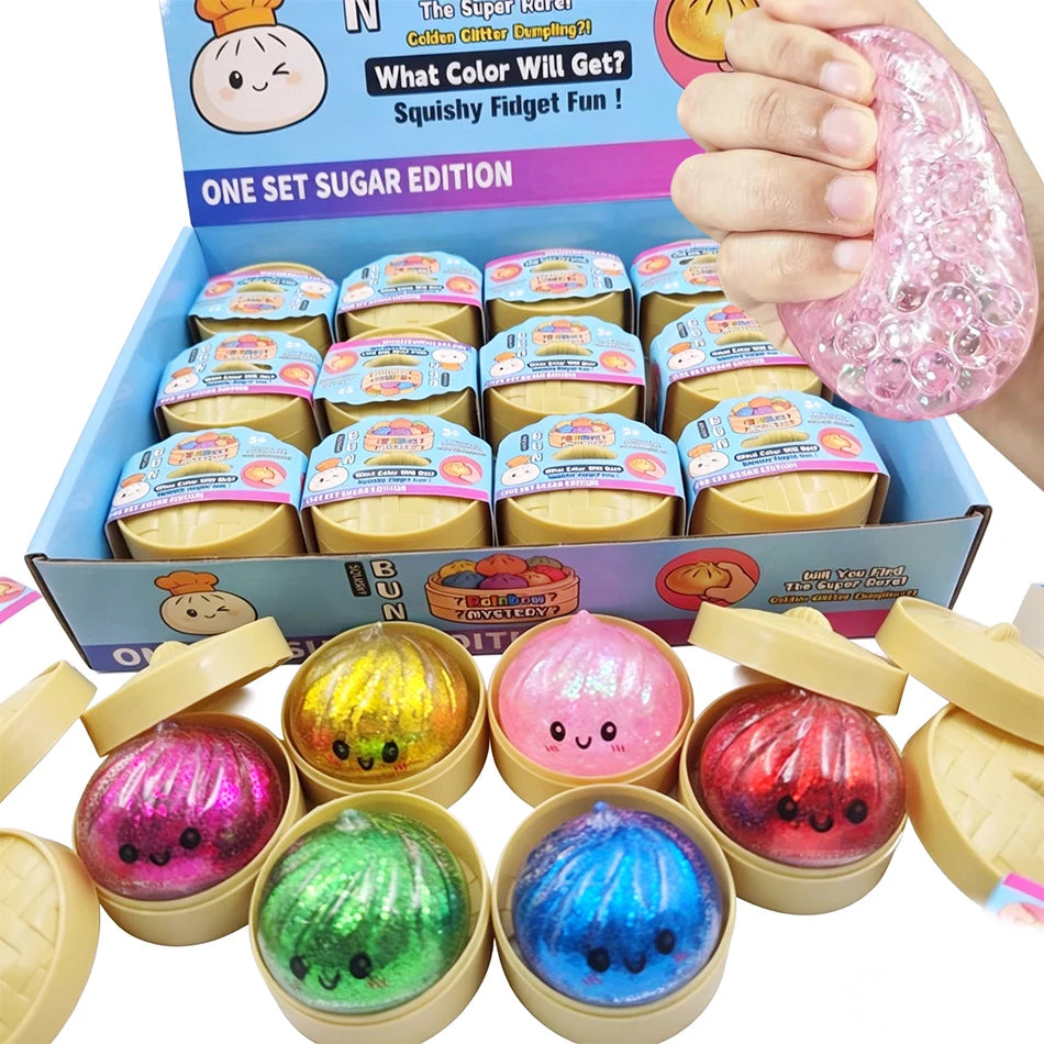 Glitter Dumpling Squishy with Box Dumplings Sensory Steamer Soft TPR Dough Ball for Decompression Fidget Toy Stress Relief Gift