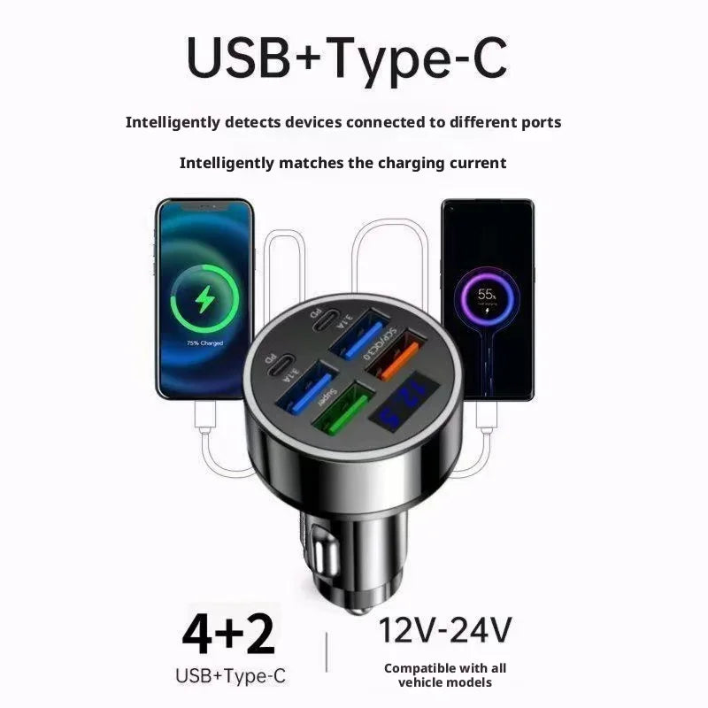 Fast Car Charger 6USB Ports Digital Display LED Cigarette Lighter Adapter Multi-Port Quick Charge For iPhone Samsung Xiaomi
