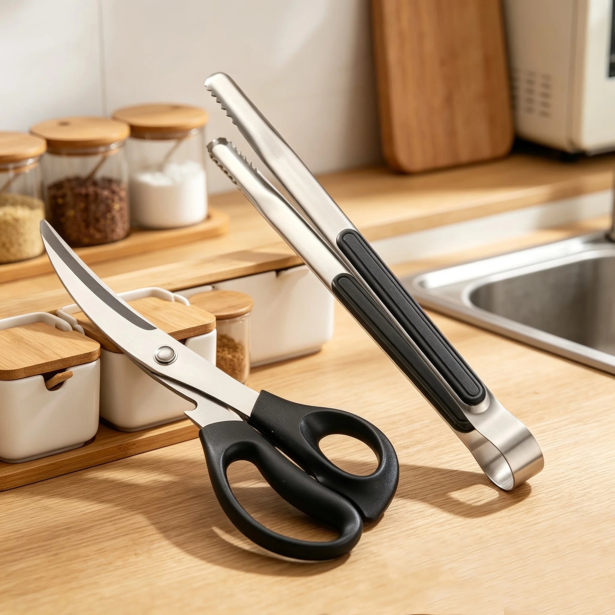 2PCS Stainless Steel BBQ Scissors Tongs Set Heavy Duty Food Grade Grill Tools For Camping Barbecue Kitchen Meat Cutting