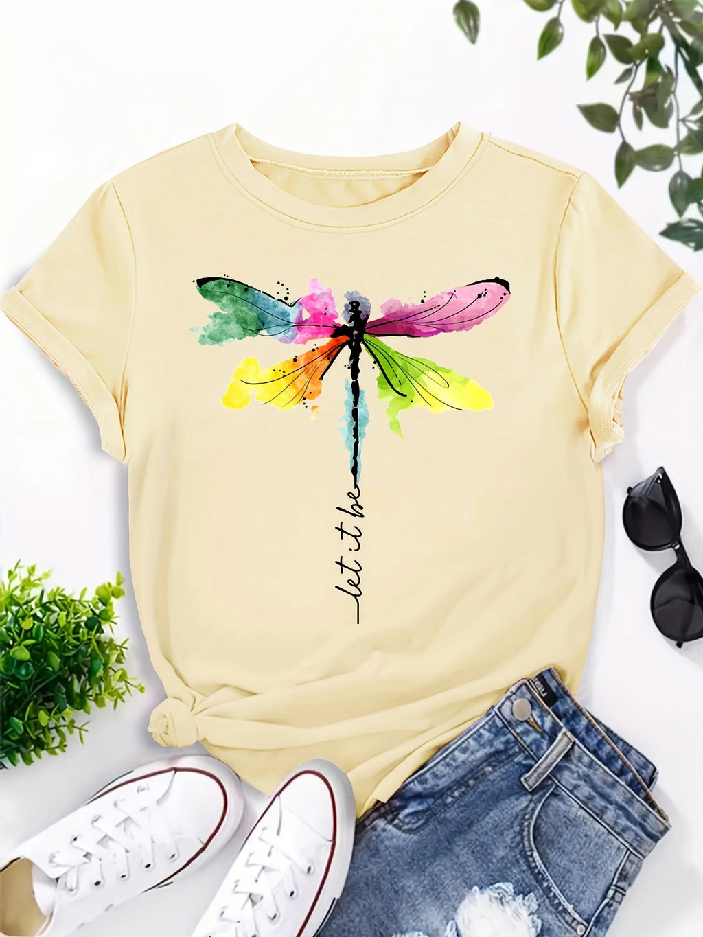 Dragonfly Print Crew Neck T-Shirt Casual Short Sleeve T-Shirt for Spring & Summer Women's Clothing Aesthetic Clothes Plus Size