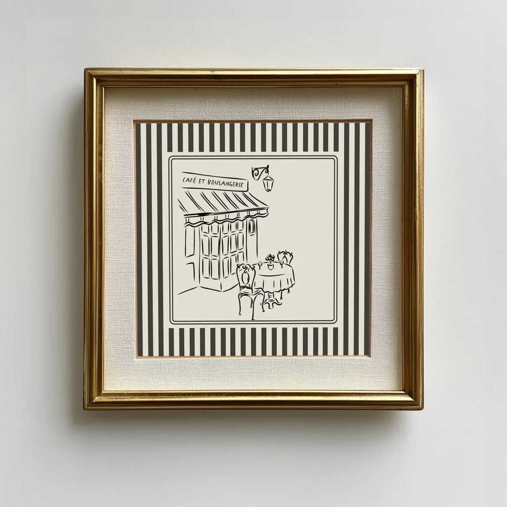 Black and White Striped French Cafe Print, Minimalist Illustration, Digital Downloads, Art Print, Gift Idea, Aesthetic