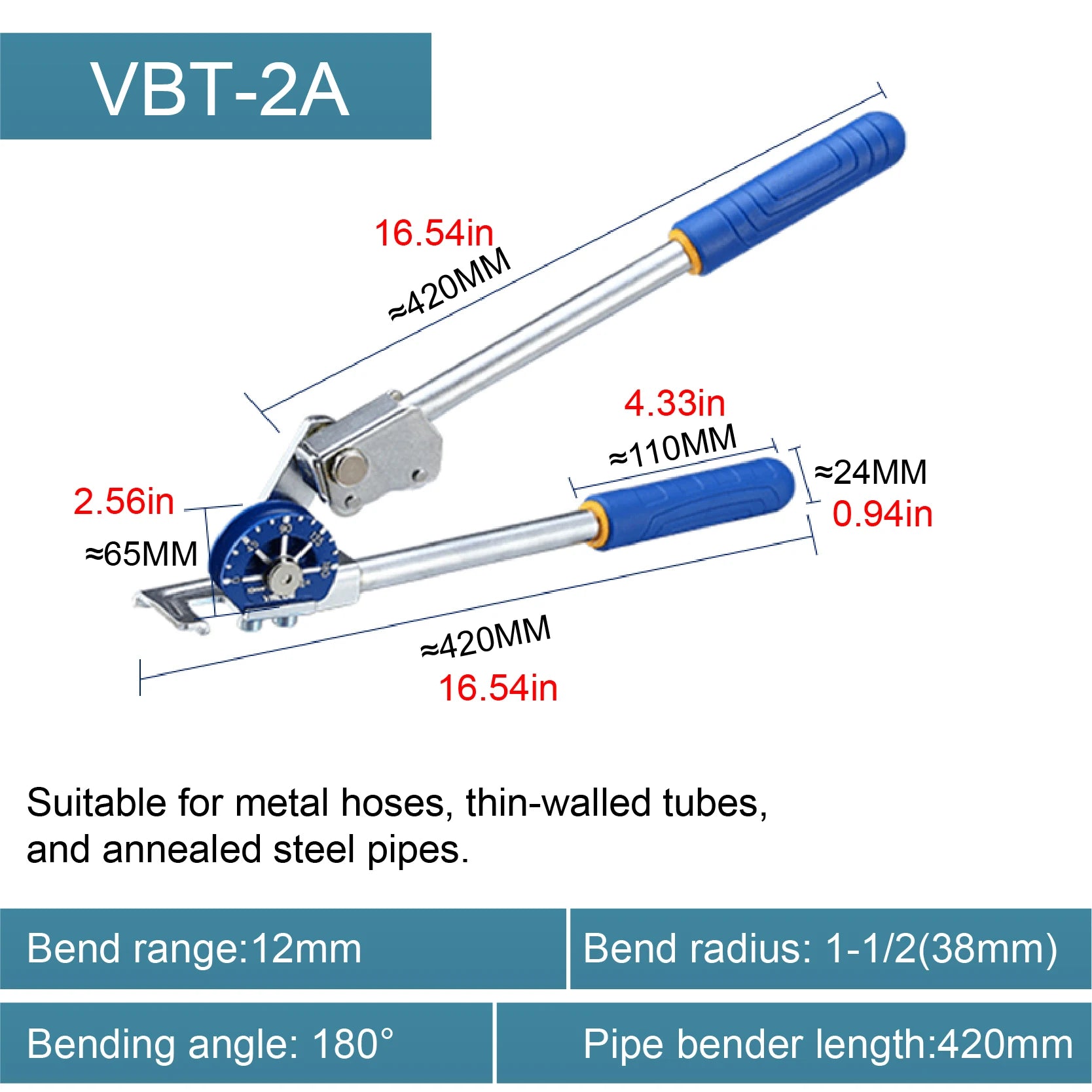Manual Tube Bender Set for 1/2 5/8 3/4 Inch Tube Bender 9.25 to 22.22mm Copper Aluminum Thin Wall Steel 180 Degree Bends