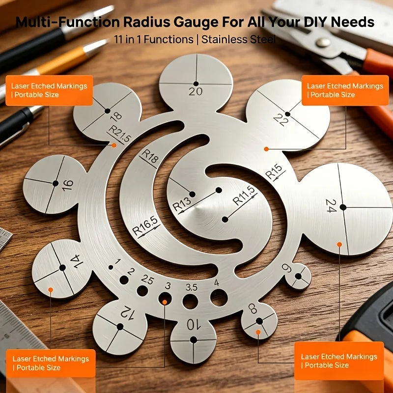 11 in 1 Stainless Steel Radius Template Ruler Multi Circular Angle Cutting Guide Center Finder Arc Measuring Gauge DIY
