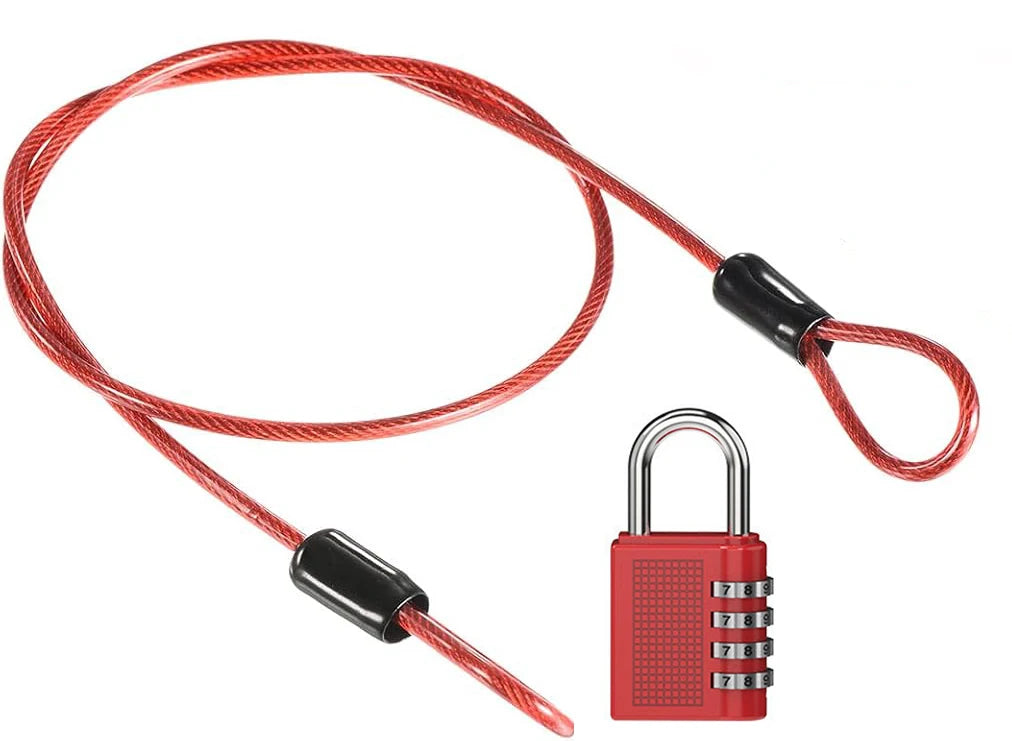 Security Steel Cable with 4 Digit Combination Lock 1 Set Travel Padlock 1m Coated Safety Wire Rope Double Loop for Luggage case