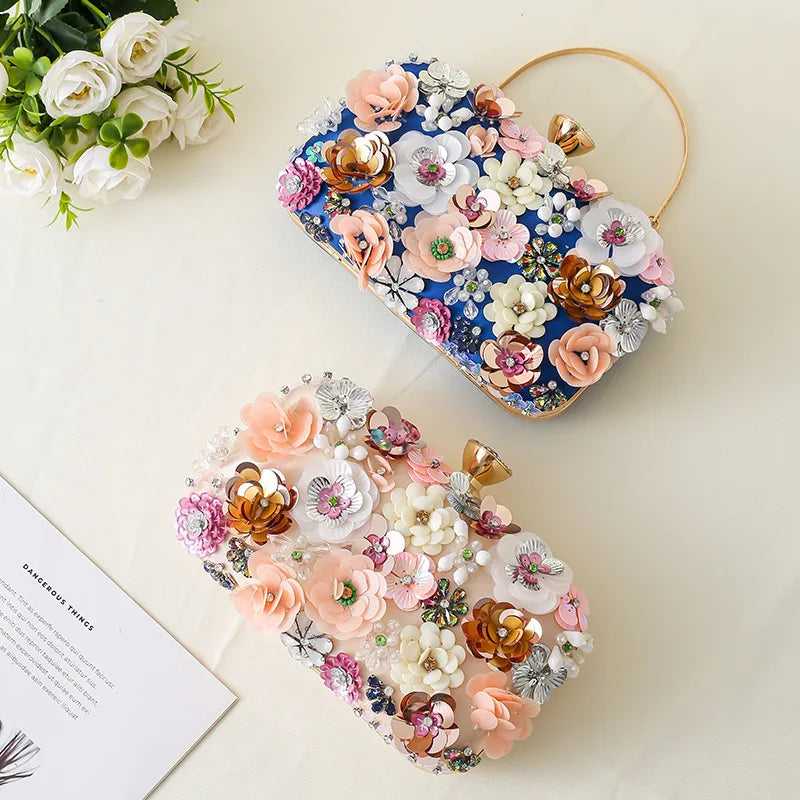 Floral Evening Dinner Handbag Beaded Flower Clutch Bag Metal Chain Crossbody Bag Banquet Handbag Wedding Prom Purse Dropship