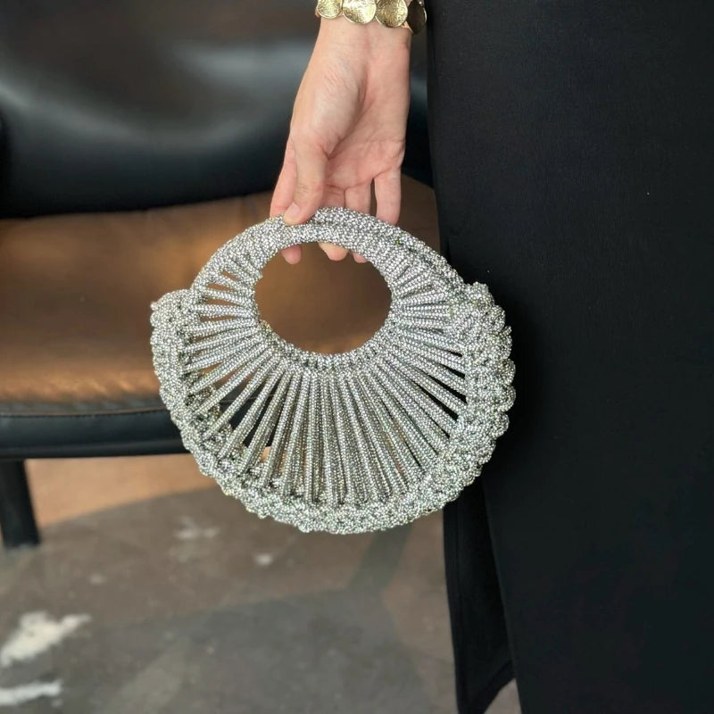 Shiny Clutch Evening Bag Female 2026 Trend Handwoven Silver Rayon Circular Handbag New Elegant Luxury Wedding Party Banquet Bag