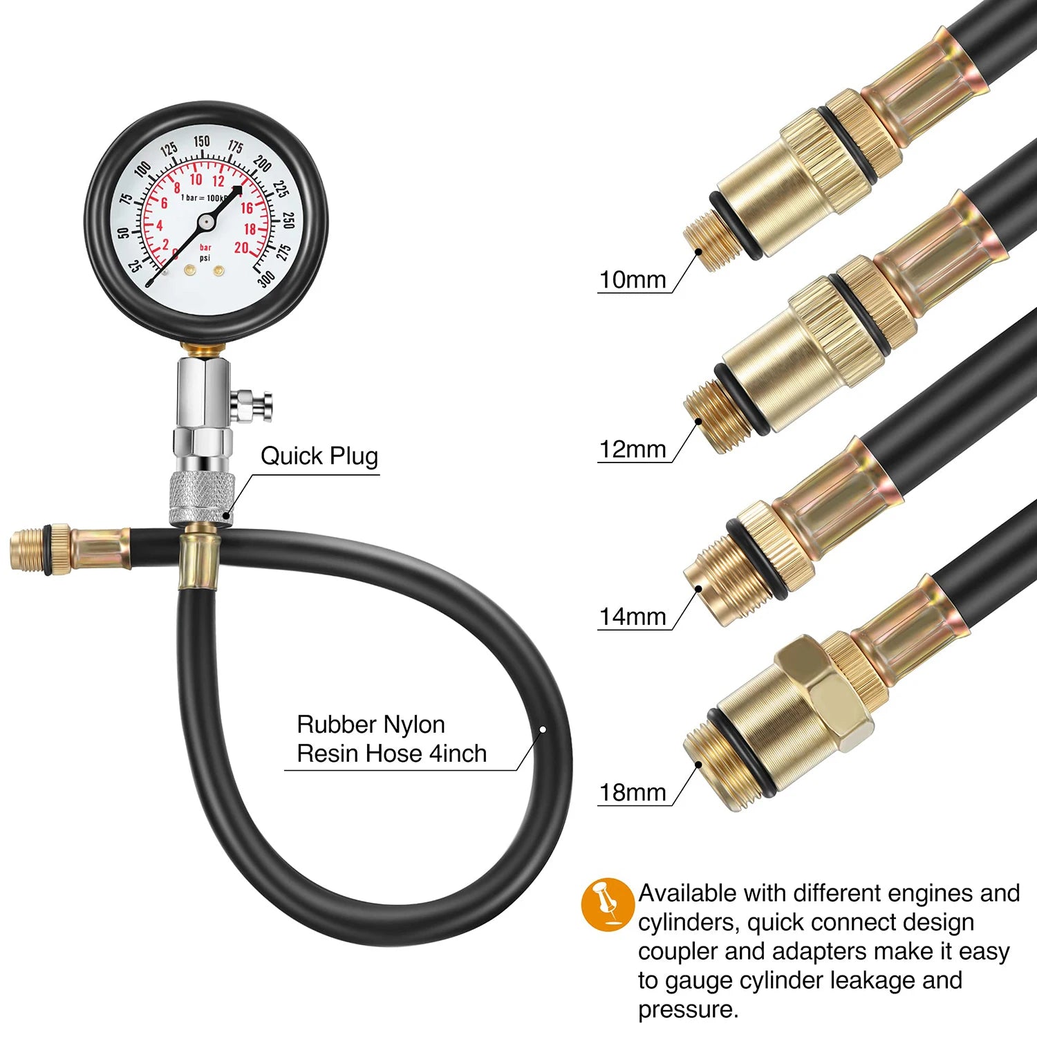 8 PCS Gasoline Engine Compression Tester Set 0-300 PSI Automobile Cylinder Pressure Gauge Kit with M10 M12 M14 M18 Adapter