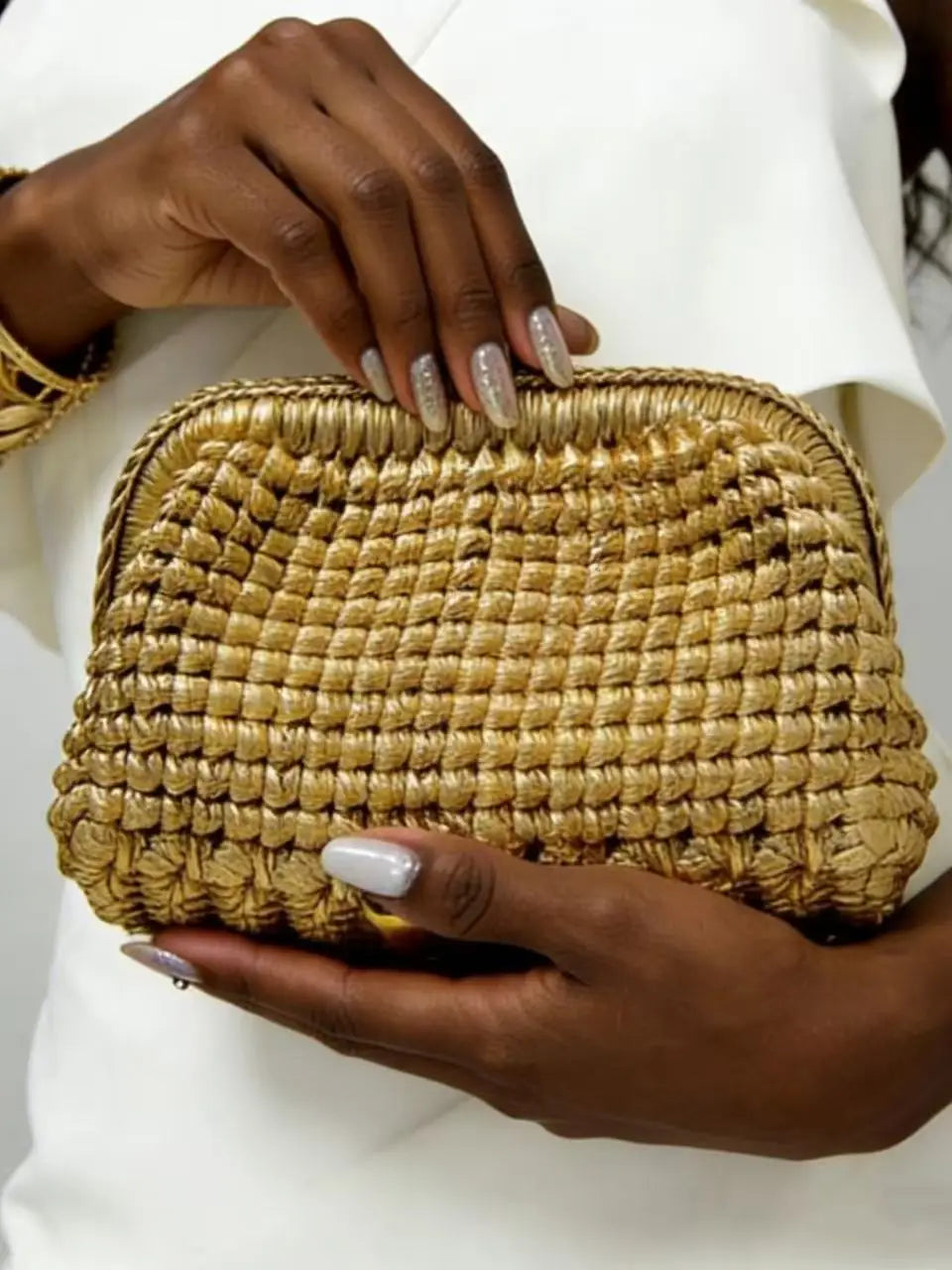 Golden Handwoven Clutch Bag, Party Evening Bag, Women Holiday Shoulder Bag, Perfect for Summer Beach Travel Vacation, Outdoor Ac