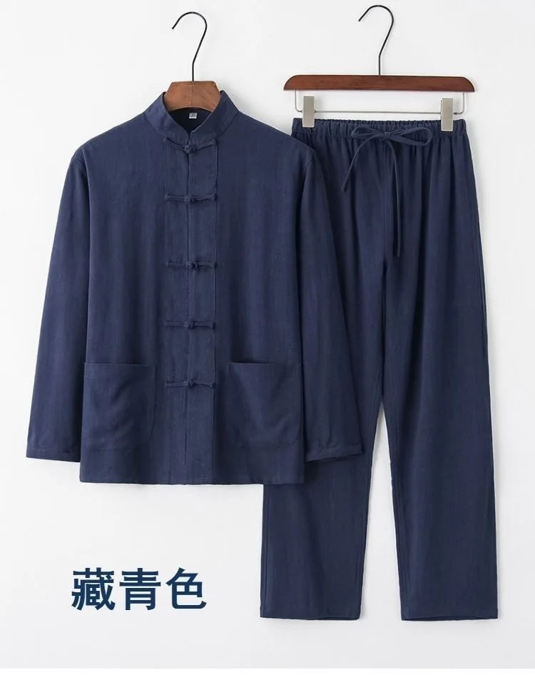 2026 New Men's Cotton Linen Tangzhuang Set Traditional Chinese Long Sleeve Suit Retro Ethnic Loose Tai Chi Clothing