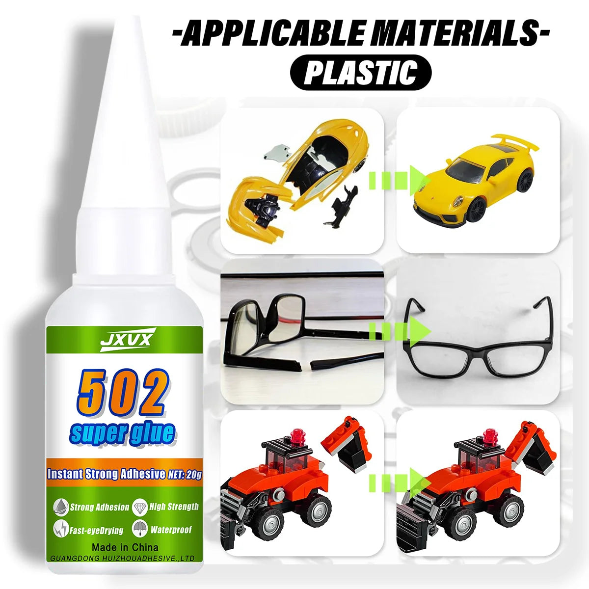 JXVX 50g 502 Super Plastic Glue  Professional Adhesive Transparent Cyanoacrylate Glue Fast Drying Odorless Long Lasting Bonding Acrylic, DIY Crafts, Electronics, PVC, ABS 1-3pcs.