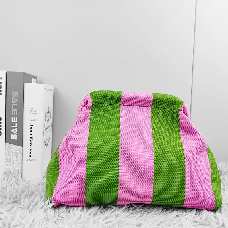 Summer Beach Clutch Purses for Women Crochet Woven Ruched Dumpling Hobo Bag Striped Color Evening Handbag Pool Knit Clutch