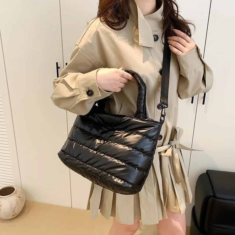Puffer Quilted Tote Crossbody Bag Adjustable Wide Shoulder Strap Large Capacity Satin Down Handbag for Women Daily Use Commute
