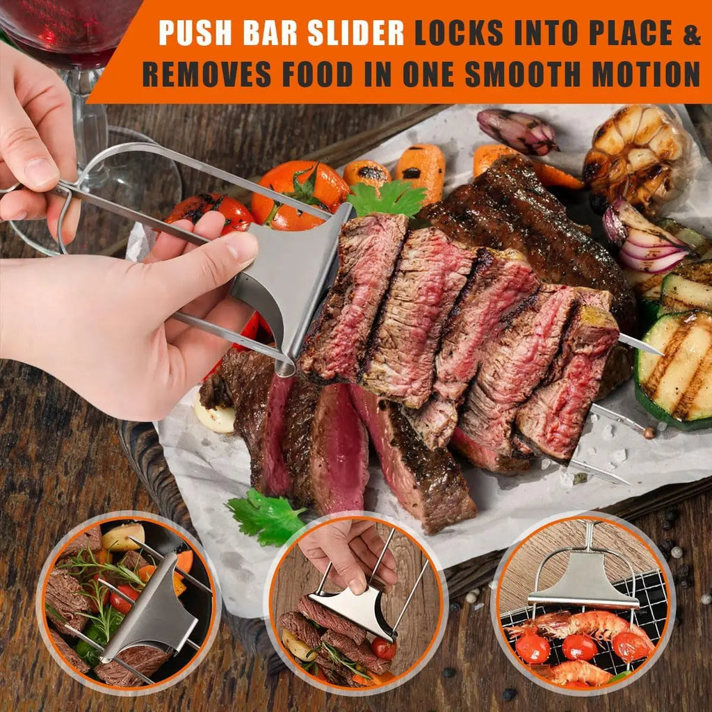3Pcs Skewer Sticks Kabob Sticks for Grilling 14'' 3 Way Grill Skewers Metal Barbecue Skewers with Push Rod Sliders BBQ Accessory
