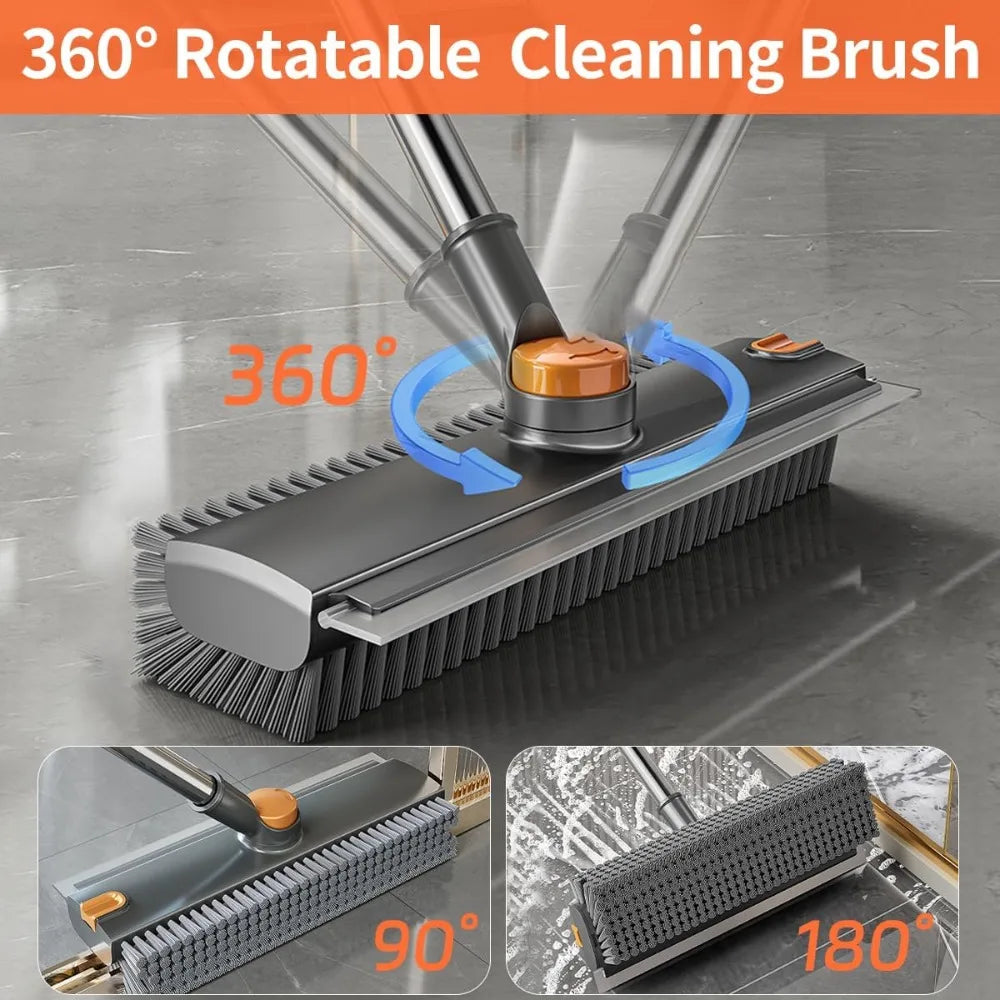 3 in 1 Floor Scrub Brush,Floor Scrubber with Squeegee and Tweezer, Push Broom with Long Handle,Heavy-Duty Stiff 90° Bristle Broom for Patio,Shower, Garage,Deck,Tile, Concrete & Wood Surface