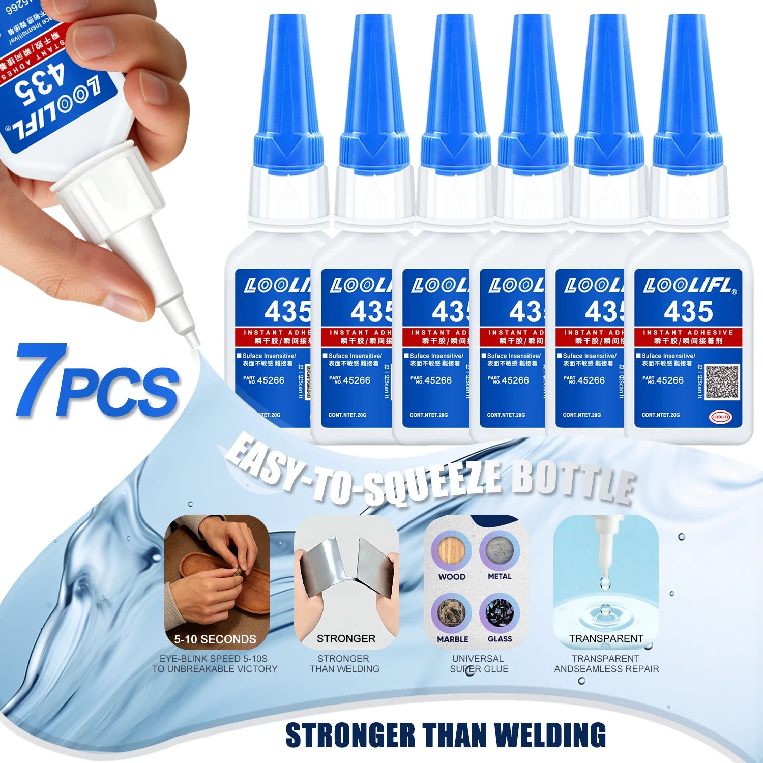435 Extra Strong Super Glue Instant Quick-Drying Cyanoacrylate Adhesive for Leather Rubber Wood Metal Slime Bond Liquid Glue Too