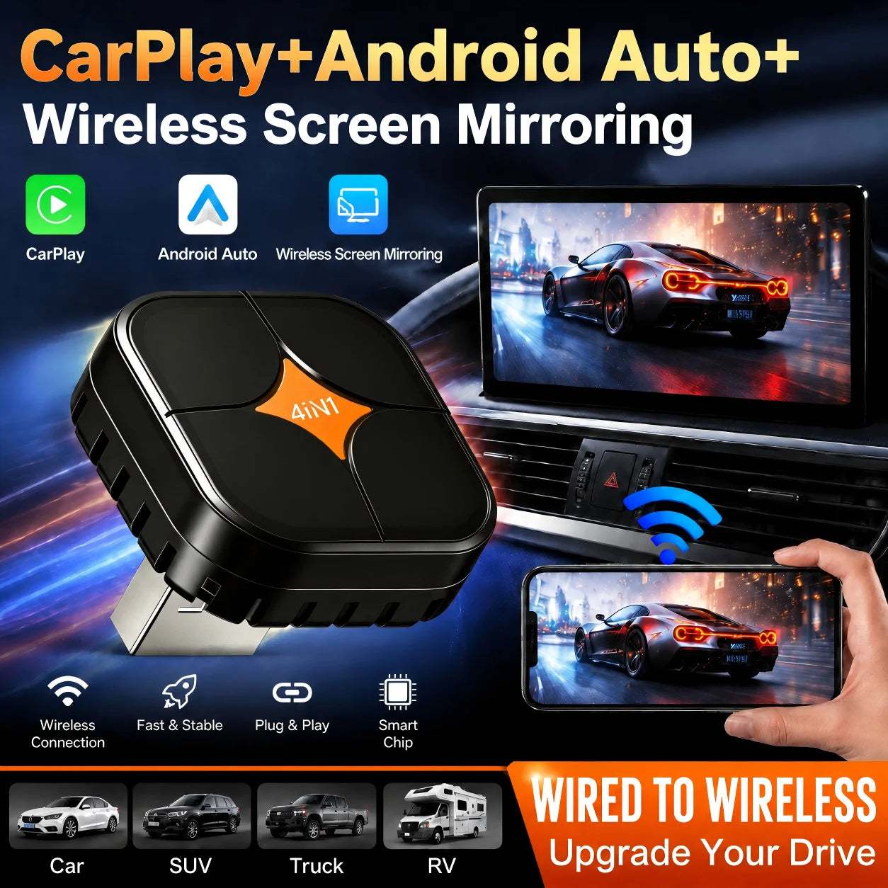4IN1 Upgraded CarPlay AI Box Wired To Wireless CarPlay Android Auto Airplay Miracast Mirror Link Mini USB Dongle Plug and Play