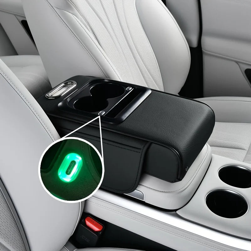 Dual Type-C Ports with Lighted Sockets, Universal Integrated Multifunctional Car Center Armrest Box, Includes Adapter and Tissue Holder