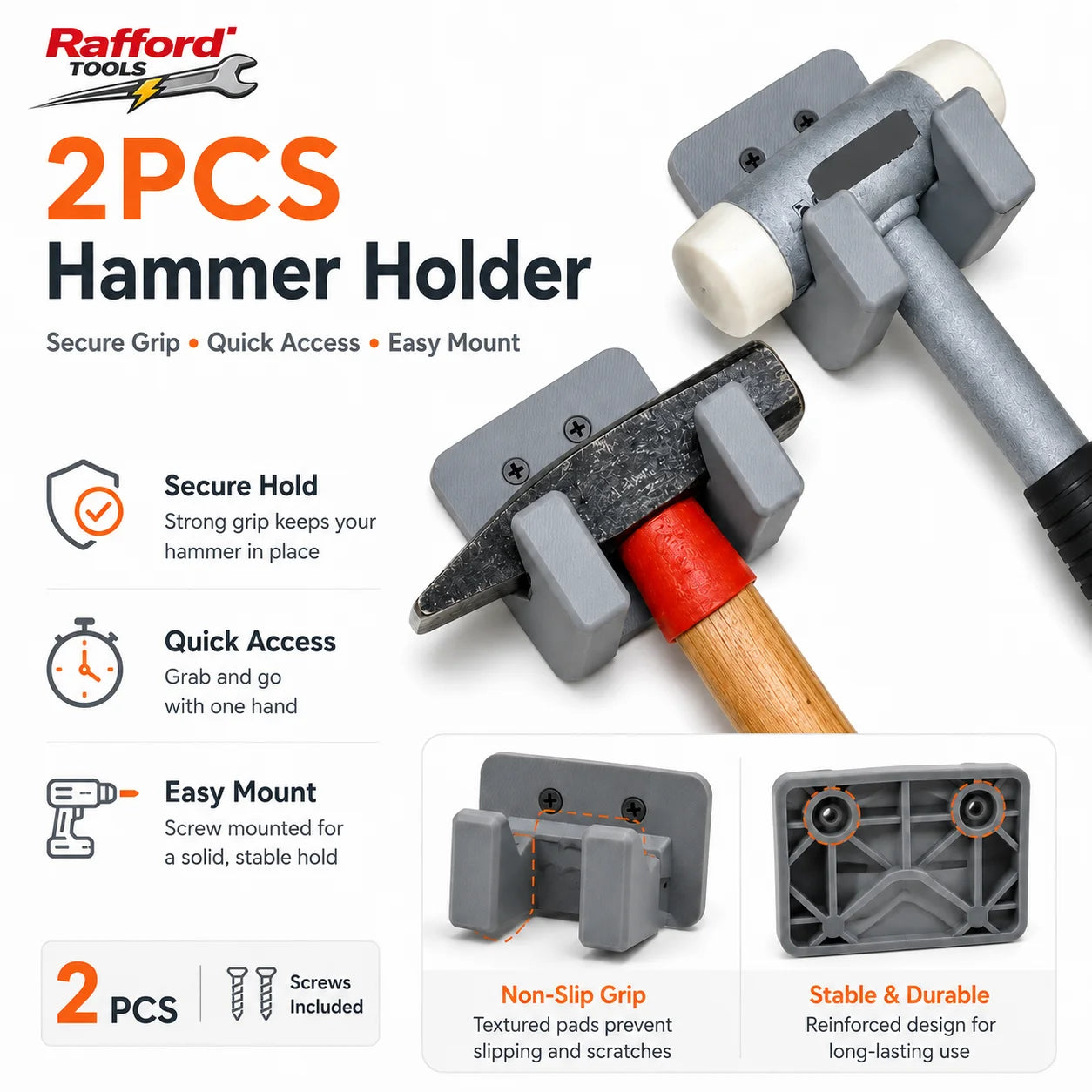 Rafford 1/2PCS Wall Mounted Hammer Holder, Heavy Duty Tool Storage Hook, Secure Grip Hammer Rack for Garage Workshop