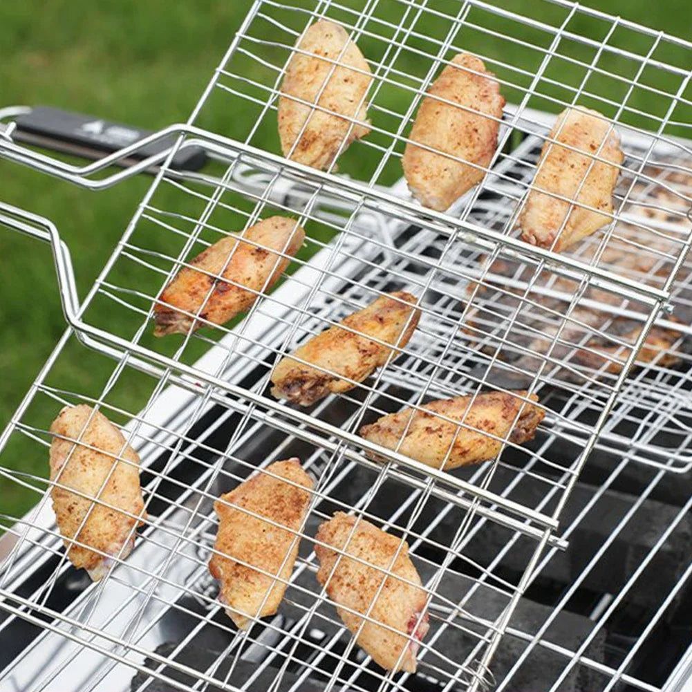 Folding Portable Outdoor Camping Stainless Steel BBQ Rack with Removable Handle Grilling Basket Barbeque Griller Cooking Tools