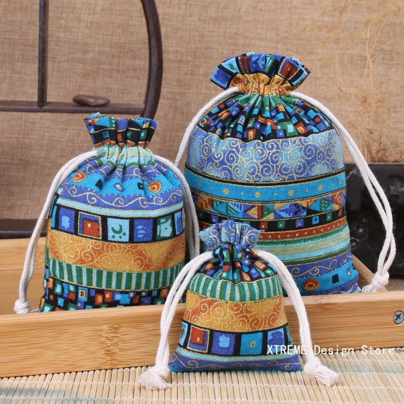 1PC Ethnic Style Cotton Linen Drawstring Pocket Bag Buddhist Beads Storage Bag Jewelry Coin Purse Bag Small Things Sorting Bags
