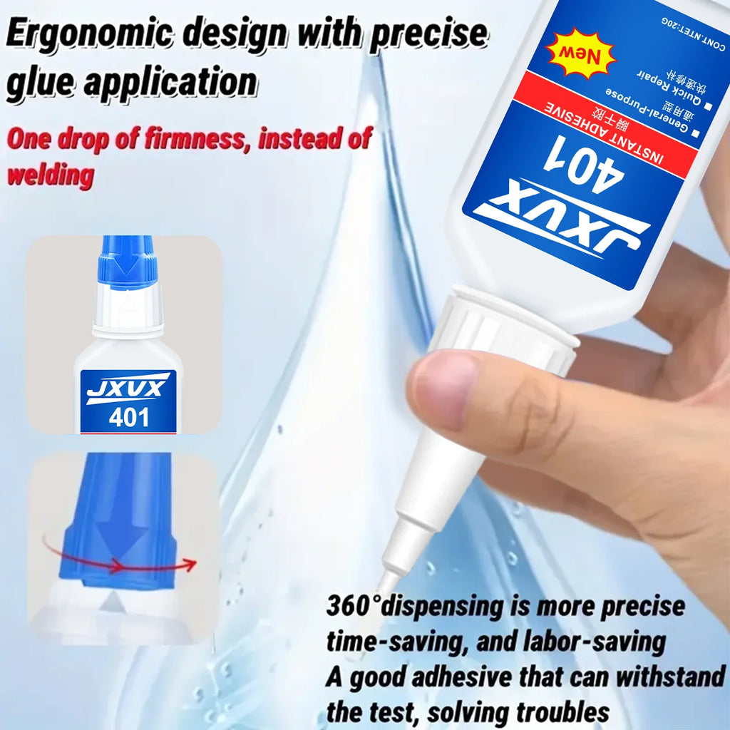 New and updated 401 super acrylate adhesive, instant drying in 5 seconds, waterproof, good stability, full bonding tool. Suitable for wood, plastic, ceramics, metal, rubber and so on.