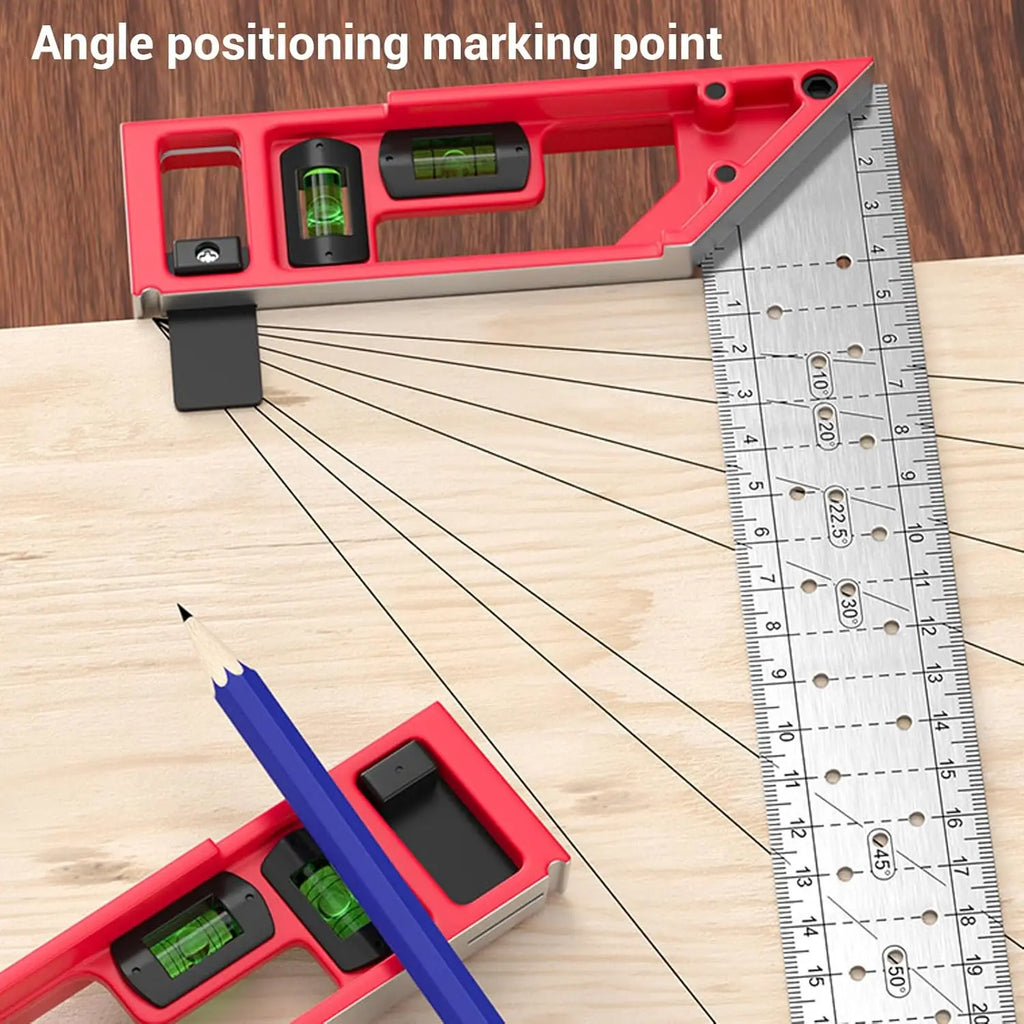 Professional Measuring Instrument with Dual Axis Level Bubble and Multiple Angled Hole Designs for Carpentry Projects