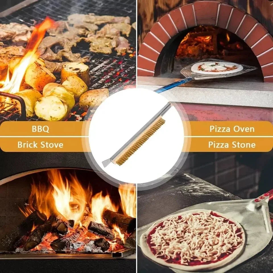 21/26 Inch Pizza Oven Brush with Scraper Brass Wire Pizza Stone Cleaning Brush for BBQ Grill Cleaning Outdoor Oven Accessories