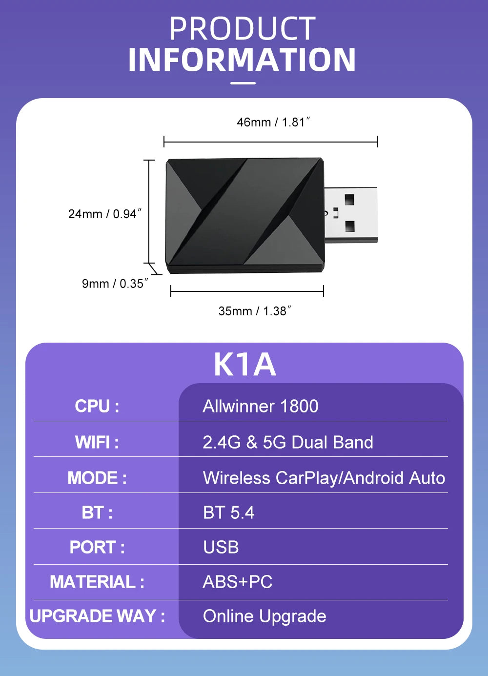 2026 Kowankit Wireless CarPlay Adapter Android Auto 2 in 1 Dongle Smart BT 5G WiFi Plug & Play For Toyota Hyundai Ford VW Nissan