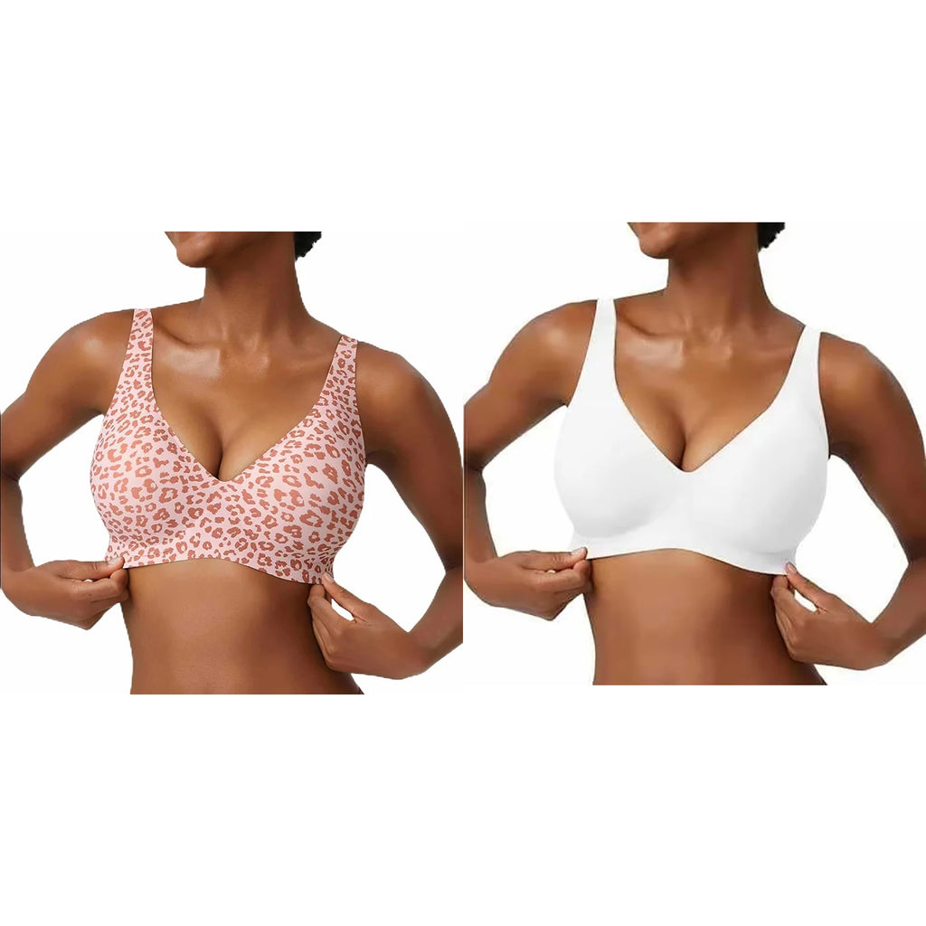 Women's Seamless Pink Leopard Print Bra Wire-Free Bra Full Cup Soft Thin Mold Support Breathable and Beauty Deep V Plus Up Bra