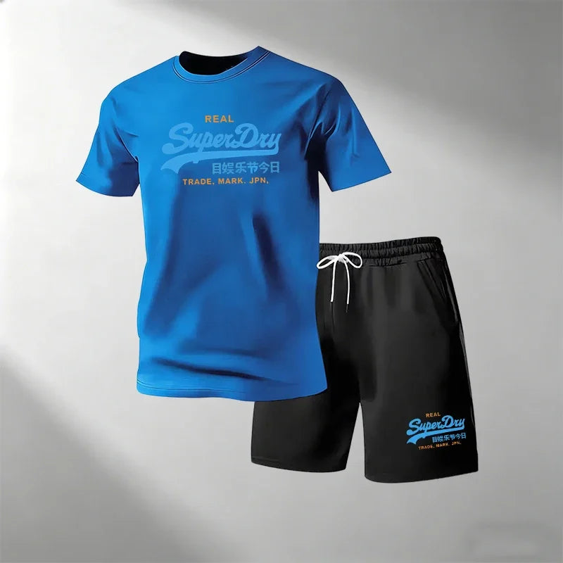 Summer Street Fitness Men's T-Shirts Sets Short Sleeve T-Shirt + Shorts Quick Dry Breathable Round Neck Running Suit Hot Sale